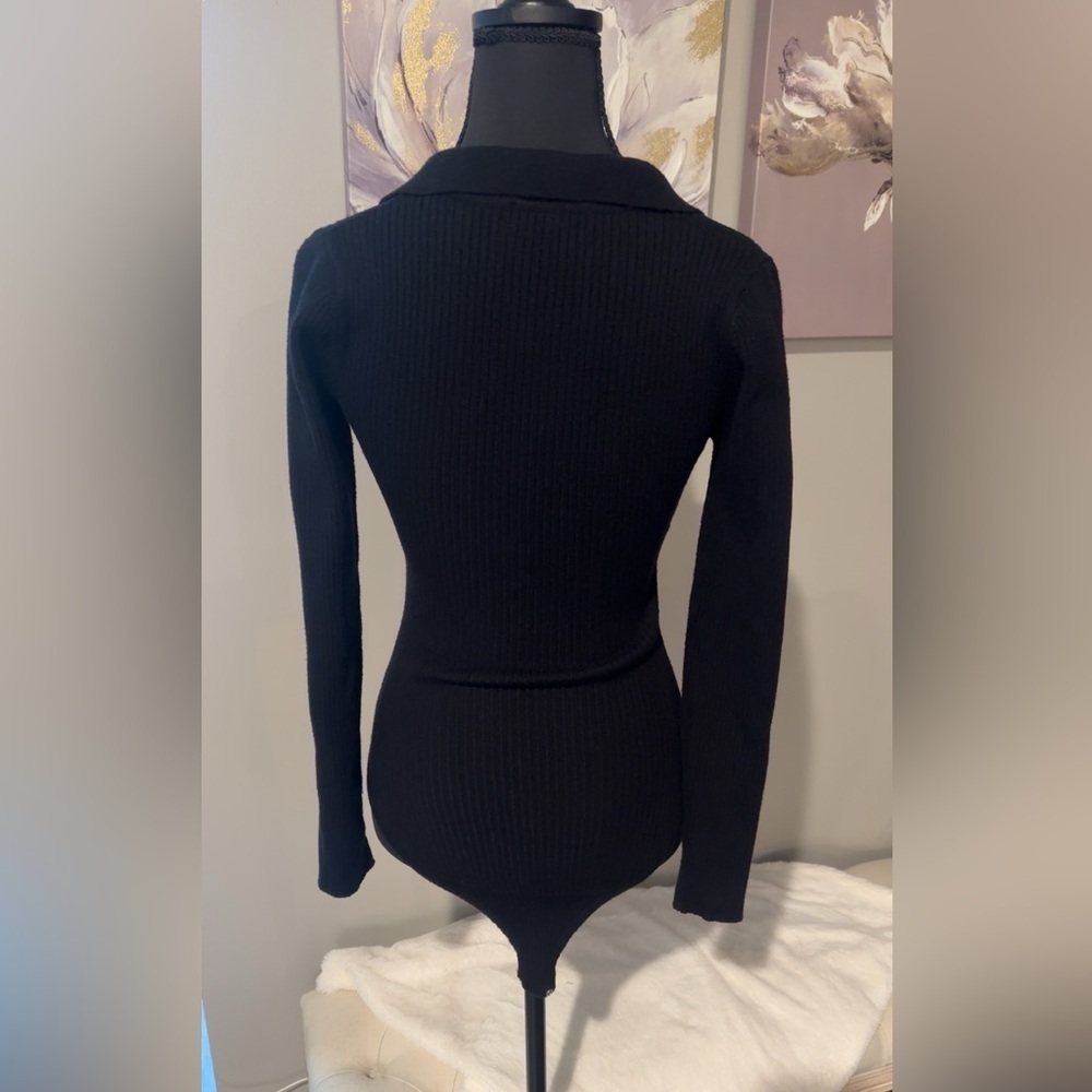 JustFab Black Button-Up Ribbed Bodysuit - Picture 2 of 4